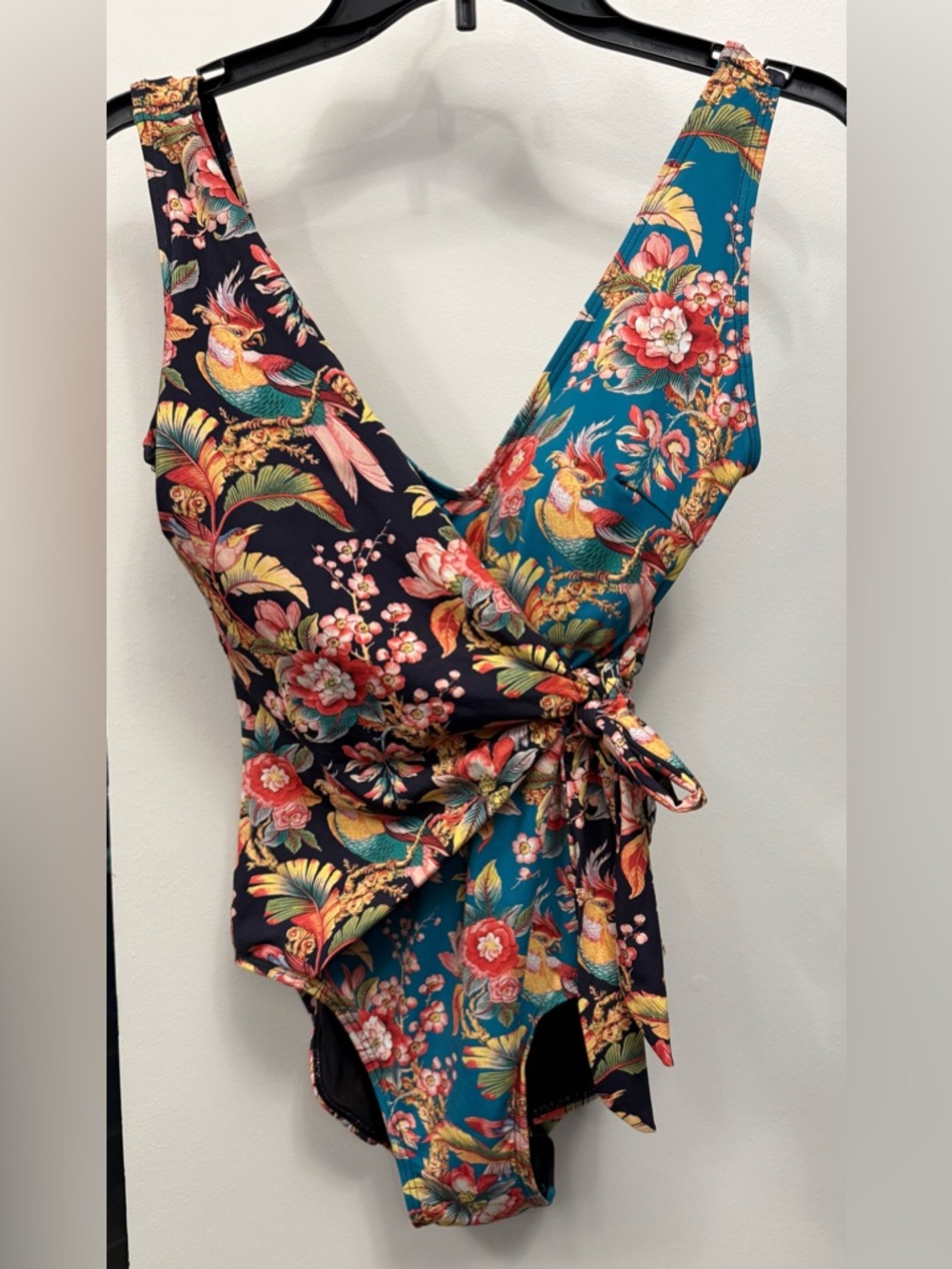 Sundance Teal & Black Floral Wrap One-Piece Swimsuit